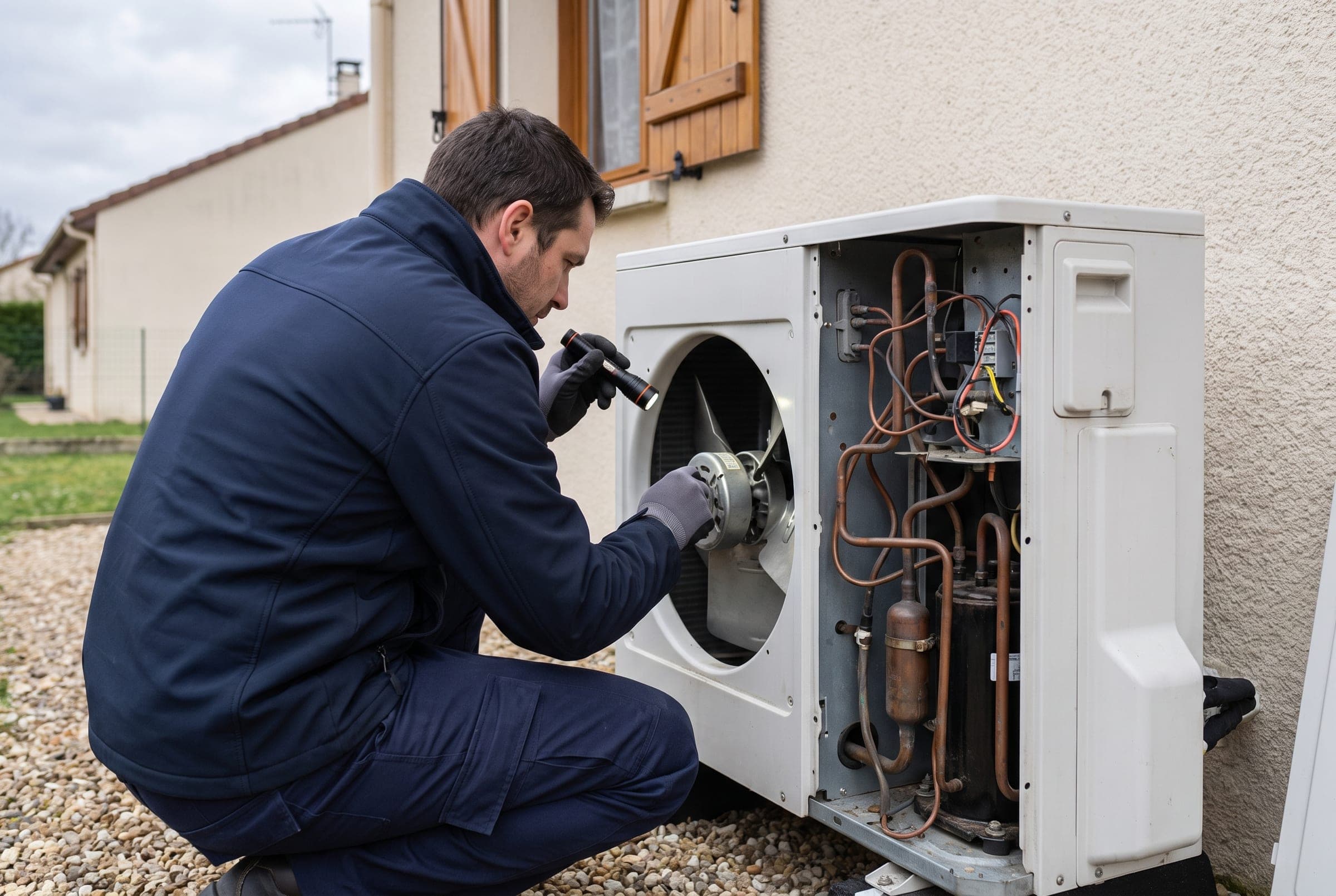 Technicien inspectant l’intérieur d’une unité extérieure de pompe à chaleur, illustration générique