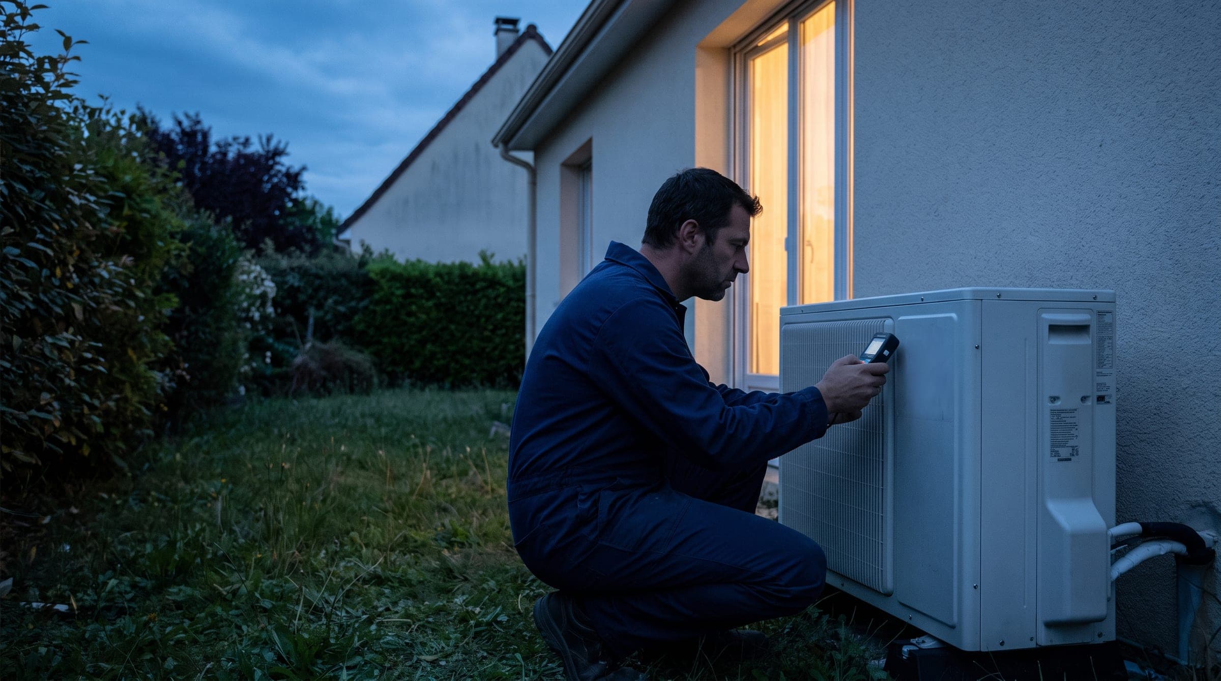 Technicien contrôlant une pompe à chaleur au crépuscule, illustration générique
