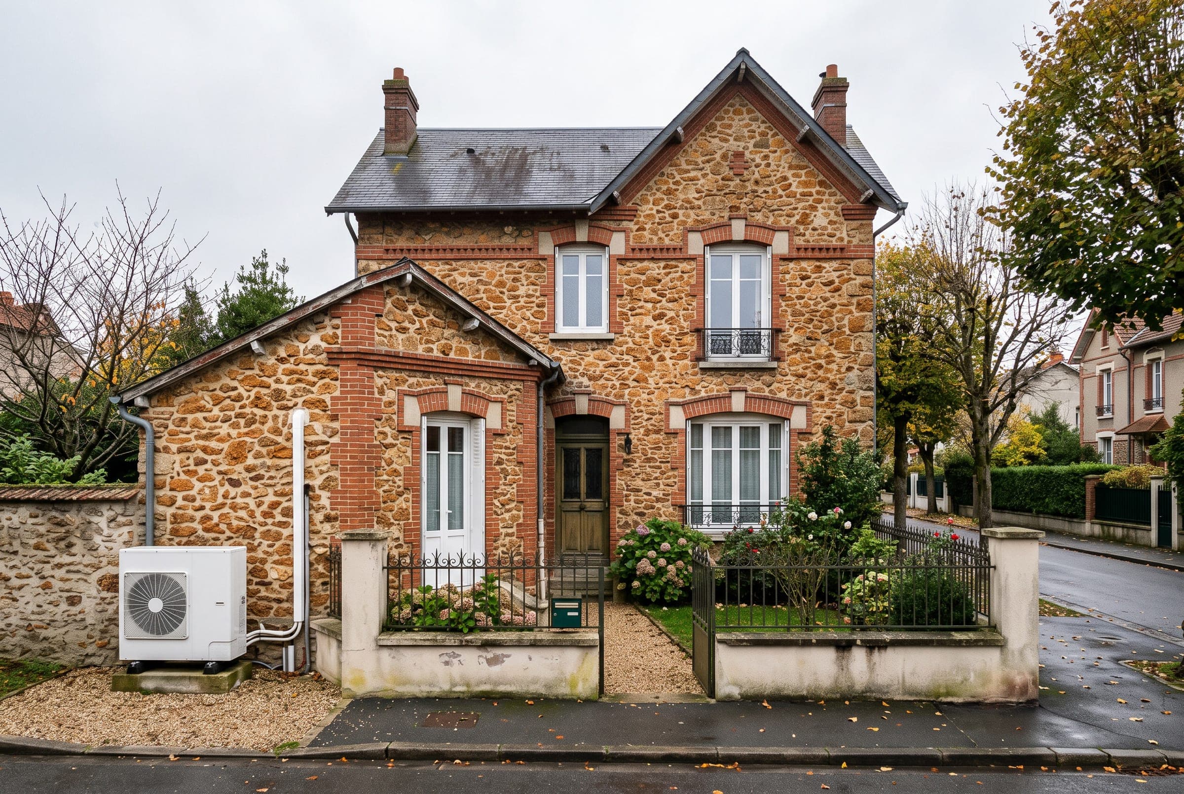 Maison en meulière d’Île-de-France avec une pompe à chaleur installée sur le côté, illustration générique
