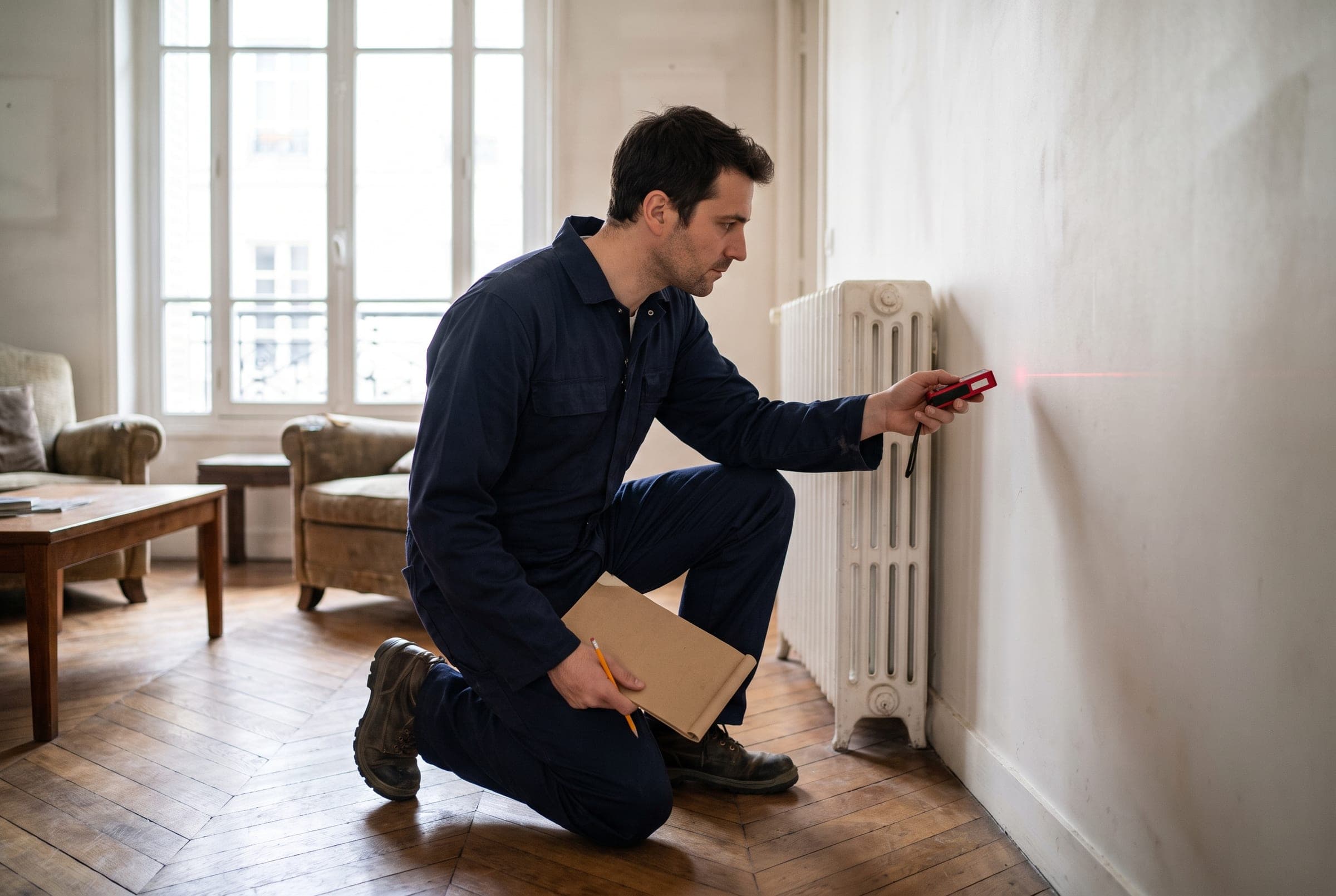 Technicien relevant les dimensions d’une pièce au télémètre pour un bilan thermique, illustration générique