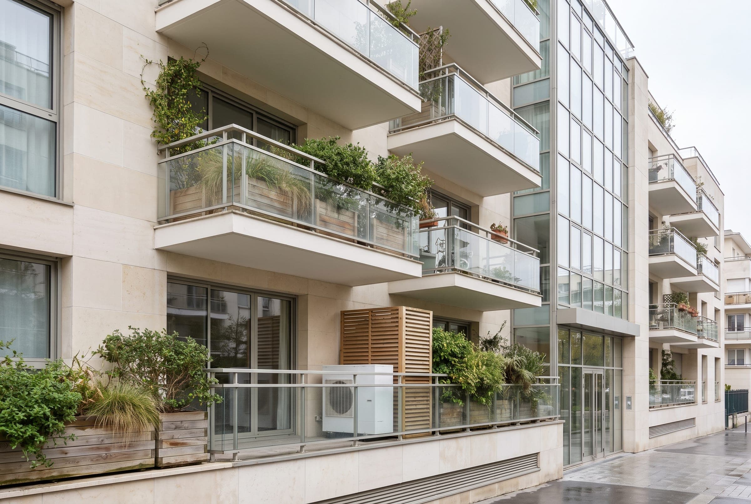 Immeuble des Hauts-de-Seine avec l’unité extérieure d’une pompe à chaleur sur un balcon, illustration générique