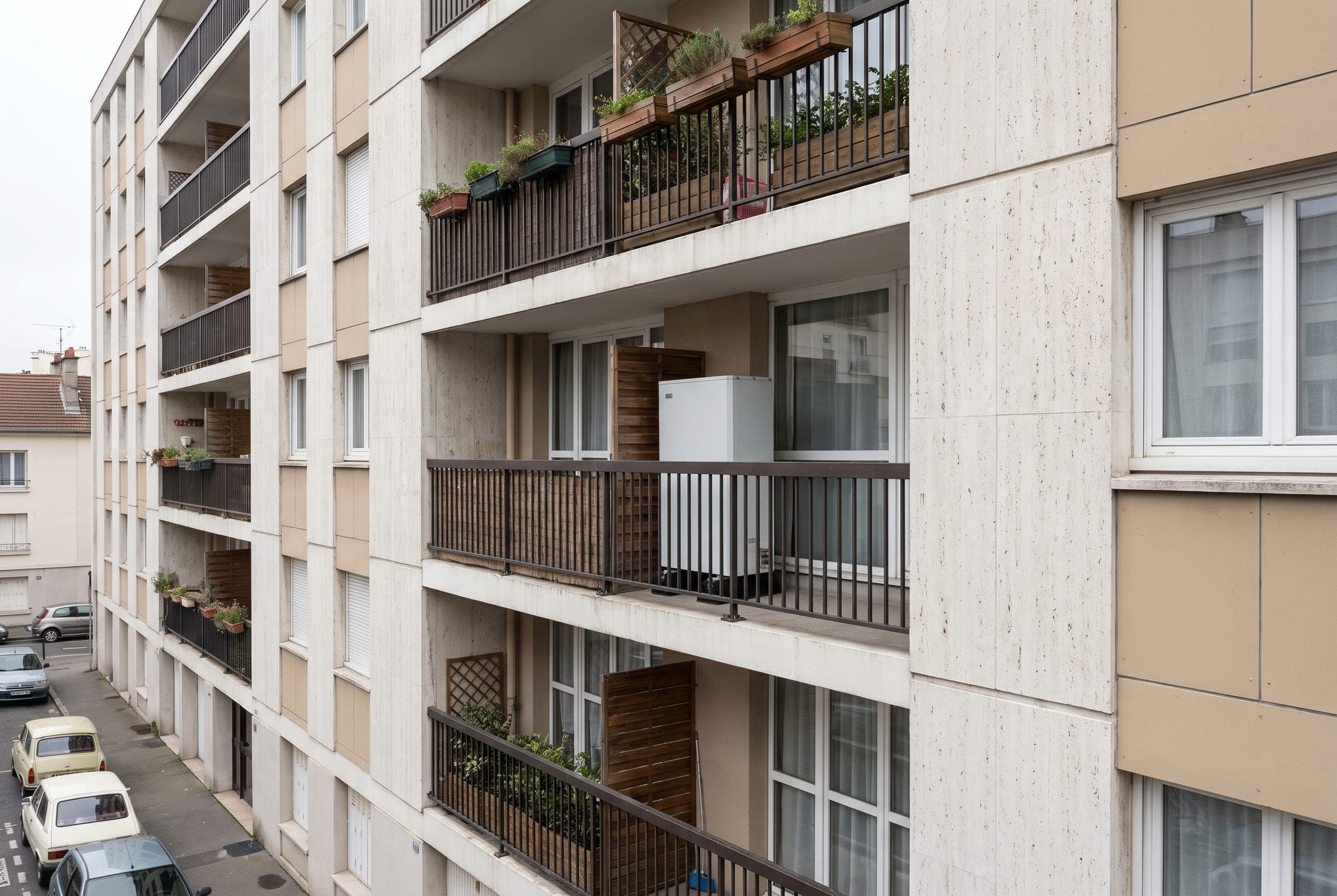 Immeuble en copropriété avec l’unité extérieure d’une pompe à chaleur sur un balcon, illustration générique