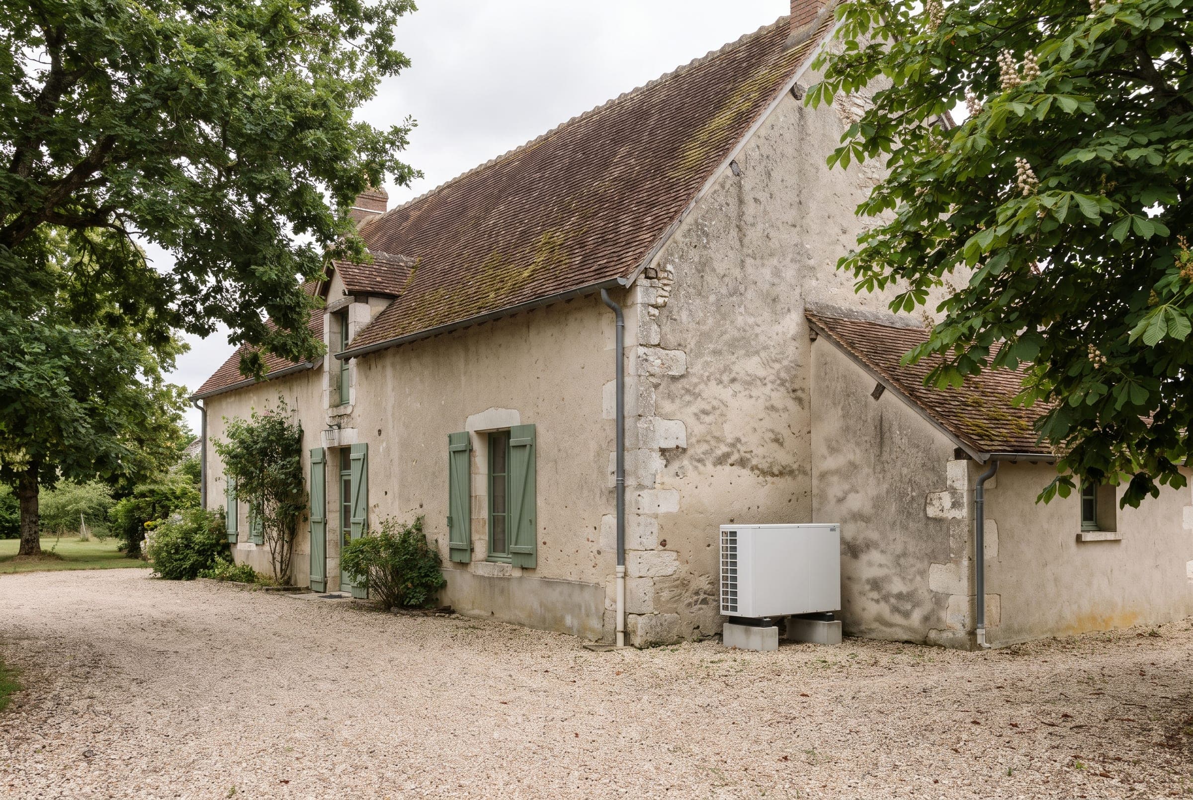 Maison de village de Seine-et-Marne avec une pompe à chaleur, illustration générique