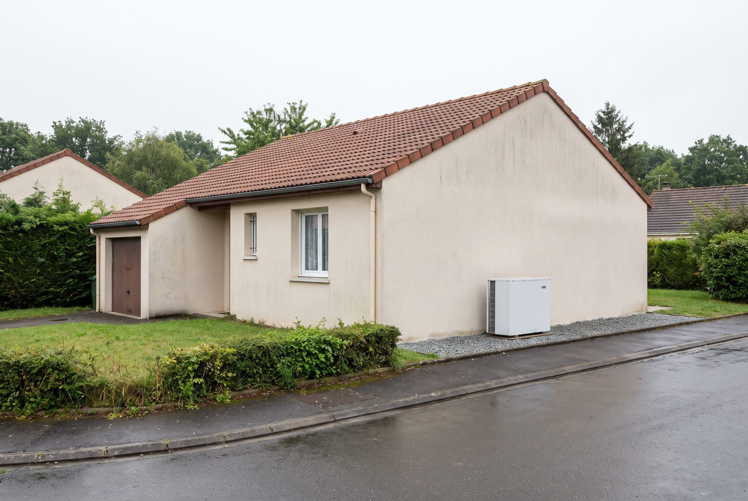 Pavillon de lotissement de l’Essonne avec une pompe à chaleur, illustration générique