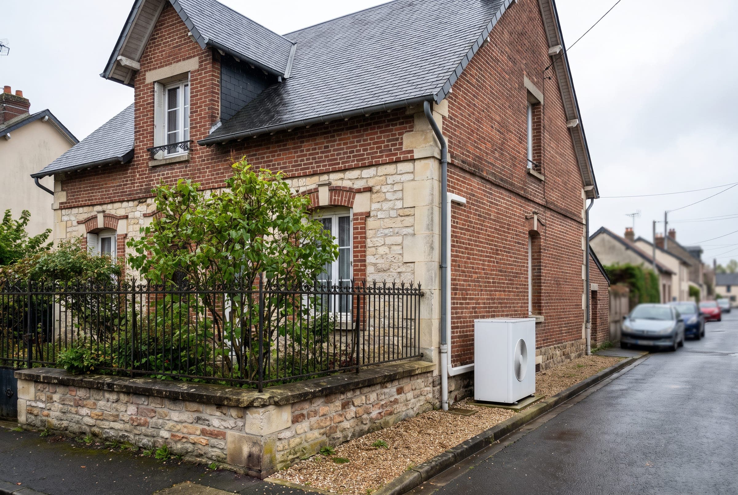 Maison en brique de Seine-Saint-Denis avec une pompe à chaleur sur le côté, illustration générique