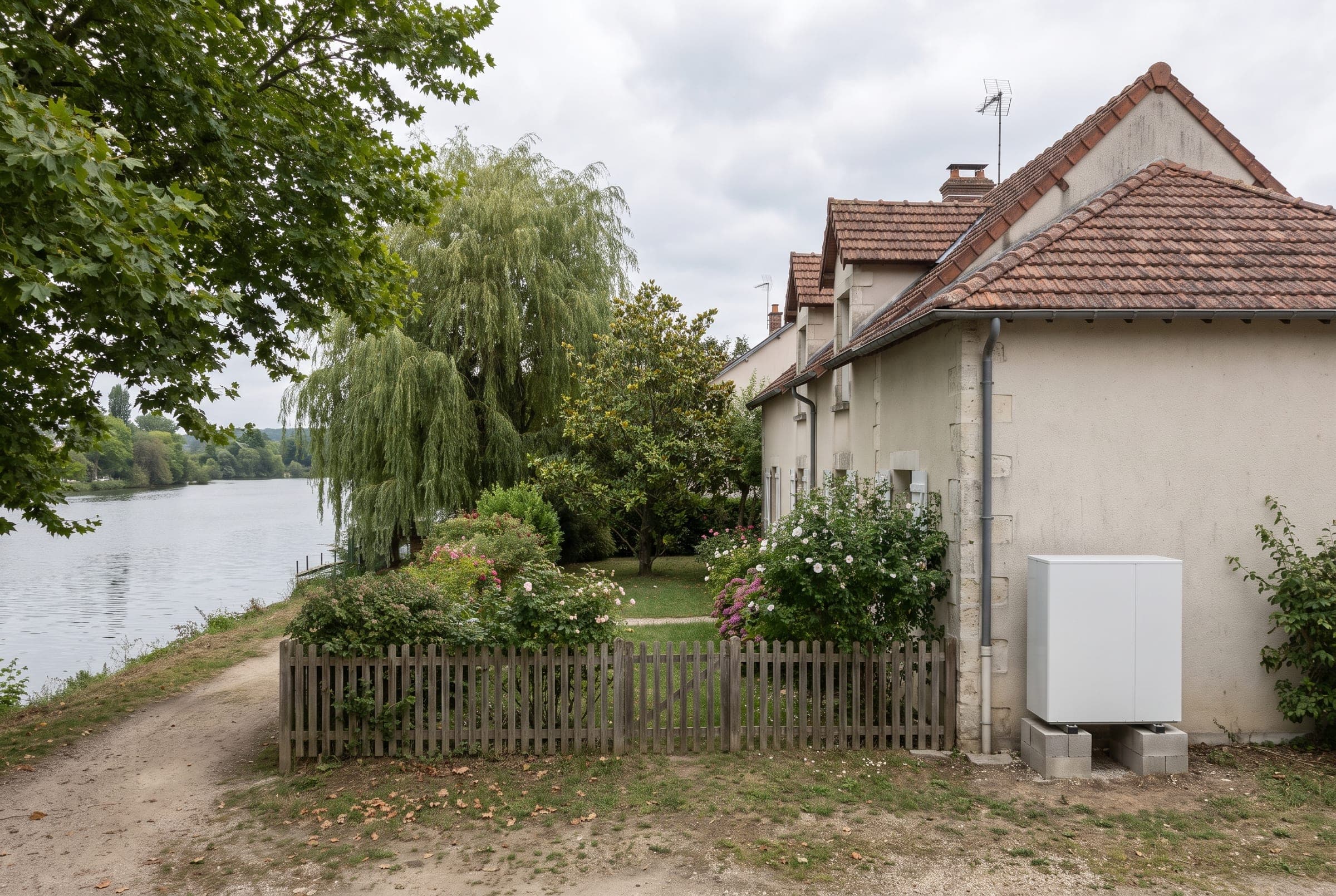 Maison du Val-de-Marne au bord de la Marne avec une pompe à chaleur en pignon, illustration générique