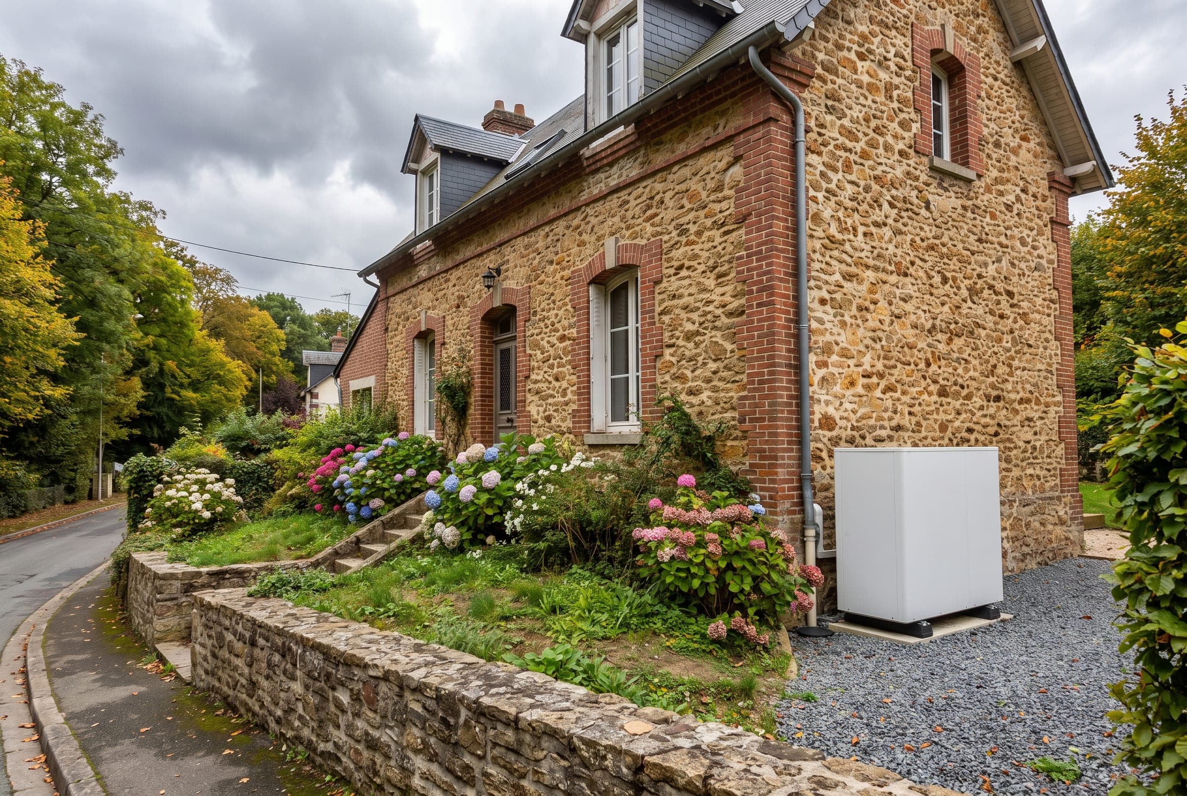Maison en meulière du Val-d’Oise avec une pompe à chaleur, illustration générique